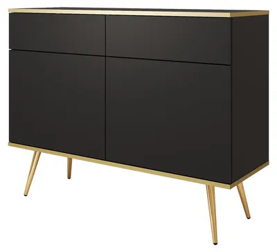 Zdjęcie produktu dla MOBAE AURA KSZ107 Komoda 107 cm, czarna z złotymi nóżkami, kredens z drzwiami i szufladami, nowoczesna szafka do salonu