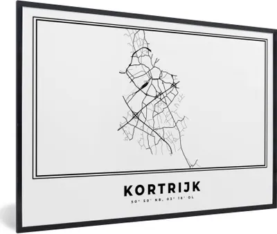 Produktbild von MuchoWow® Gerahmtes Poster Karte - Stadtplan - Kortrijk - Belgien - Schwarz und weiß 30x20 cm - Poster mit Schwarzem Bilderrahmen Wandposter Rahmen Foto Bilder - Kunstdruck - Bild-Poster