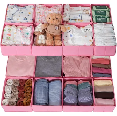 Productafbeelding van Opbergbakken set van 16 stuks, inklapbaar, voor PAX kledingkast, afmetingen 100x58 cm, grijs/roze
