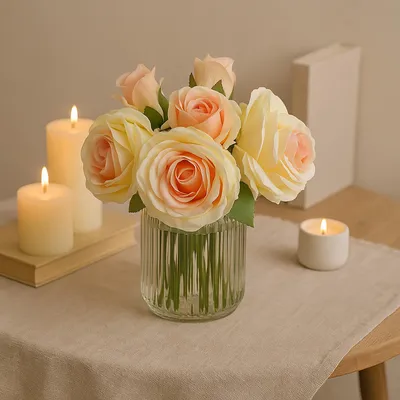 Produktbild von Rosenstrauß Kunstblumen in Glasvase 31 cm naturgetreue Dekoration