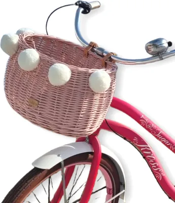 Produktbild von Großer rosa Weidenfahrradkorb mit Riemen Dumpy mit Pompons