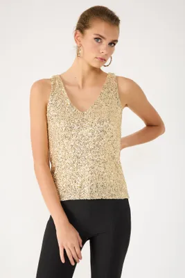 Produktbild von Paillettenbesetzte Bluse mit V-Ausschnitt, Gold, M