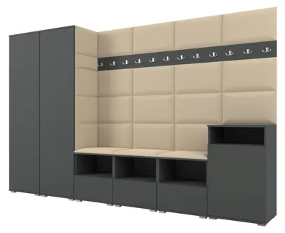Productafbeelding van Garderobe NELA XII, 300 cm, modulaire entreekast, grafietkleur, met zitkussen, beige (04) (gigantische set)