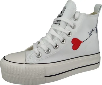 A single white high-top sneaker with a red heart and the word "love" embroidered on the side.
