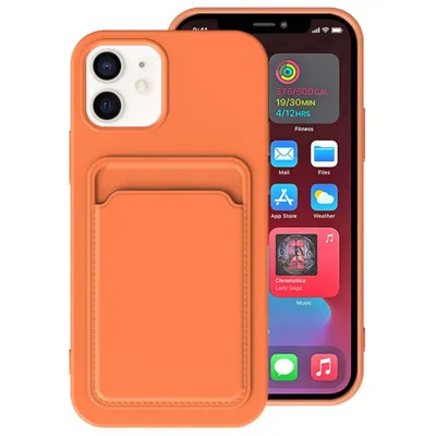 An orange iPhone case with a cardholder is shown on a white background, with the iPhone screen displaying app widgets.
