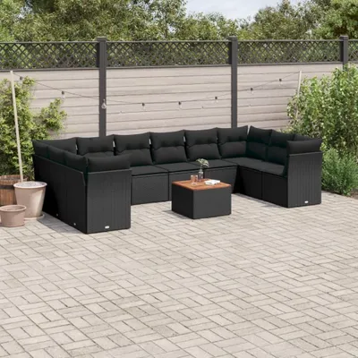 Produktbild von Design 11-tlg. Garten-Sofagarnitur mit Kissen Schwarz Poly Rattan, Gartenmöbel-Sets 2024 Neu