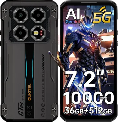 A marketing image showing a rugged smartphone with its screen displaying a futuristic warrior and feature callouts.