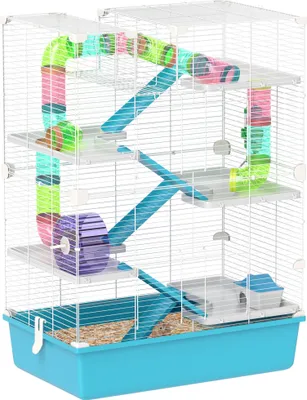 Produktbild von PawHut Hamsterkäfig, 6-stöckiger Kleintierkäfig mit Röhren, Tunnels, Hütte, Laufrad, Futterschale, Wasserflasche, Rampen, für Zwerghamster und Gerbils, 58 x 36 x 81 cm Hellblau