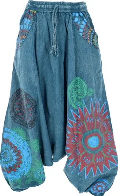 Produktbild von Haremshose, Stonewash Pluderhose, Pumphose, Aladinhose - Petrol/bunt, Damen, Blau, Baumwolle, Größe: S/M