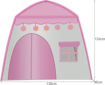 A diagram of a pink and gray children's play tent with dimensions indicated.