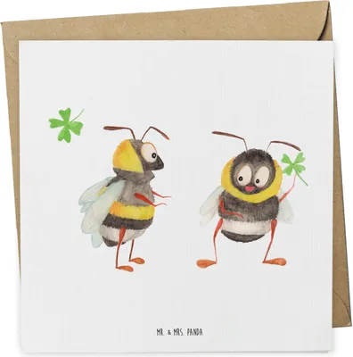Produktbild von Mr. & Mrs. Panda Grußkarte Hummeln Kleeblatt - Weiß - Geschenk, Hummel, Biene Deko, anlasskarte, glücklich Werden, Lustige Sprüche, Spruch Positiv, faltkarte, sein