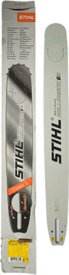 A STIHL chainsaw guide bar and its packaging are displayed against a white background.