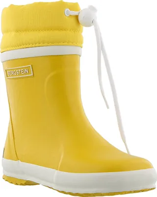 A yellow rubber boot with a white sole and a yellow knitted cuff.