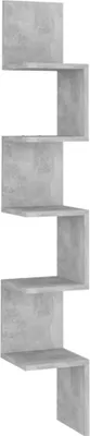 A vertical shot of a gray corner shelf unit.