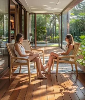 Produktbild von Eleganter Gartenstuhl aus Holz mit geflochtenem Rücken und Sitzfläche