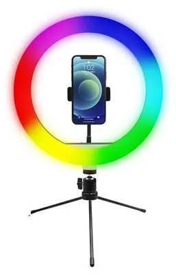 Produktbild von Powerton Ringlicht 10 ", RGB LED, niedrige, Farbe und Lichtintensität einstellbar, Handyhalter und Stativ