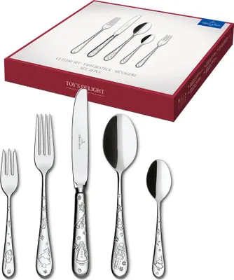 A set of Villeroy & Boch Toy's Delight cutlery is displayed in front of its packaging.