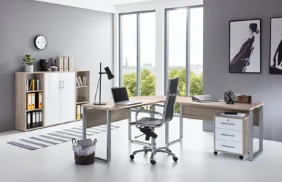 Produktbild von Büromöbel-Set TABOR PRO 2 in Eiche Sonoma / weiß Hochglanz, Arbeitszimmer Komplett-Set
