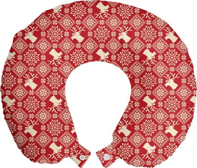 Produktbild von ABAKUHAUS nordisch Reisekissen Nackenstütze, Northern Rentiere Flora, Schaumstoff Reiseartikel für Flugzeug und Auto, 30x30 cm, Red Beige