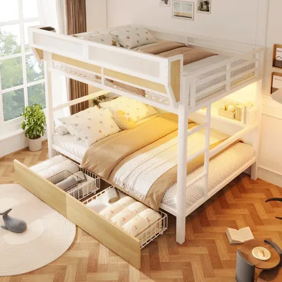 Obrázek produktu pro Palandy Flieks 140 x 200 cm s LED osvětlením, kovová postel pro mládež se 2 zásuvkami a odkládacím košem, dětská patrová postel s odkládacími policemi a žebříkem, bílá