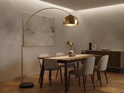 Produktbild von Große Bogenlampe Messing Gold Höhe 200cm inkl. E27 LED für Wohnzimmer & Esstisch