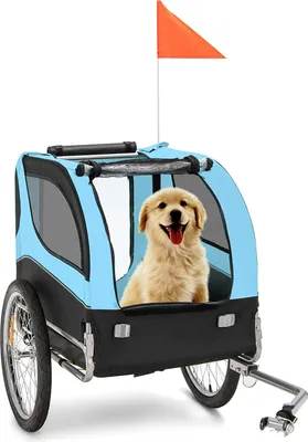 Produktbild von GOPLUS Haustieranhänger, Atmungsaktiver Hundewagen mit 3 Eingängen, Sicherheitsfahne, Reflektoren, Transportbox mit Schnellspannrädern, Universal-Fahrradkupplung, für mittelgroße Hunde & Haustiere, Blau