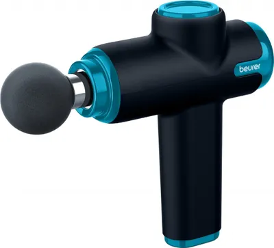 A black and blue massage gun with a round attachment is shown against a white background.