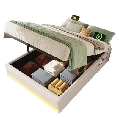 Produktbild von LED Einzelbett 90x200, Leinenoptik, Fern-LED, USB-C, Stauraum, ohne Matratze, Beige