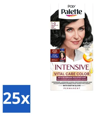 Produktbild von 25 x Poly Palette Vital Care Haarfärbemittel 1-0, Natürliches Schwarz, 115 ml - Vorteilspackung - 25 Stück