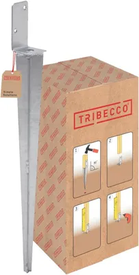 A metal post anchor and a cardboard box with installation instructions.