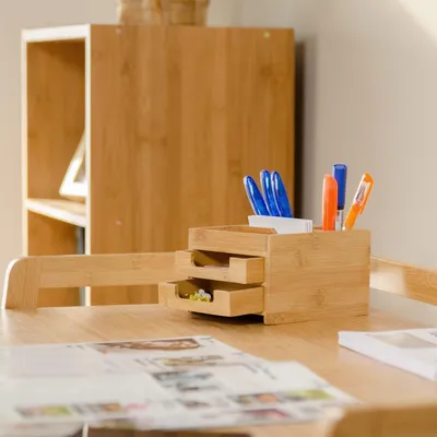 Productafbeelding van Famanu pennenhouder met lades - Bureauorganizer van bamboe, 9,5 x 12,5 x 15 cm