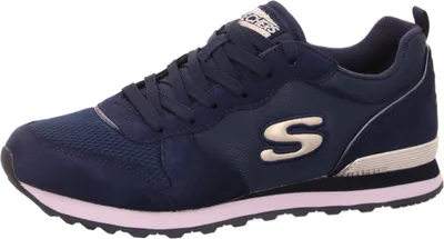 A single navy blue Skechers sneaker is shown from the side against a white background.