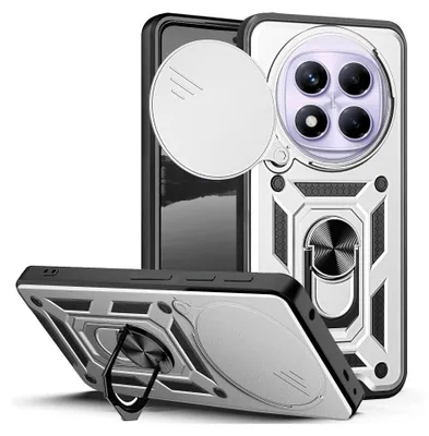 A silver and black armor phone case with a camera protector and a ring stand is shown from two angles.