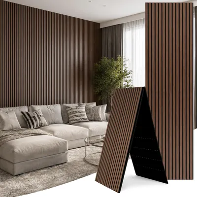 Produktbild von Eikuavons Akustikpaneele Holz 240x60 cm faltbar, Holzlamellen Filz Walnuss, Wandpaneel Lamellenwand Wandverkleidung Schallschutz 2 Stück