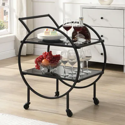 A bar cart with drinks, fruit, and cake in a dining room setting.