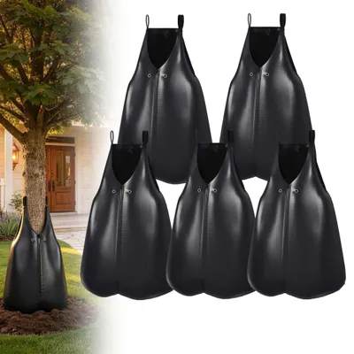 Image de Lot de 5 sacs d'arrosage pour arbres CEEDIR, 75 L, noir, en PVC résistant aux UV, arrosage goutte à goutte pendant 6 à 8 heures, arrosage automatique des racines pour arbres et arbustes
