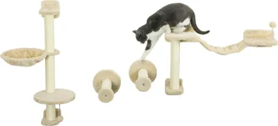 Image de Etagère murale à grimper pour chats - Arbre à chat - 4 niveaux - Bois - Hamac avec balle - 84,5 x 19 x 54 cm - Beige