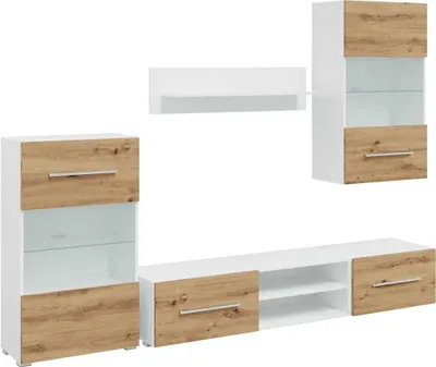 Immagine prodotto di parete attrezzata a 5 pezzi con illuminazione a LED Materiale artigianale a base di legno di quercia