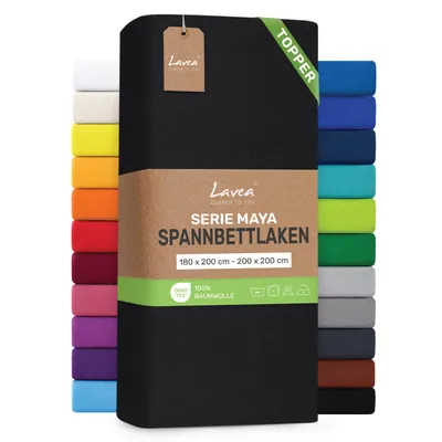 Zdjęcie produktu dla Lavea® Prześcieieradlo do materaca z dodatkową warstwą, 180x200 cm - 200x200 cm, Maya, 100% bawełna dżersejowa – Miękkie prześcieradło do materaca z dodatkową warstwą, pasujące do materacy o grubości do 10 cm – Czarny