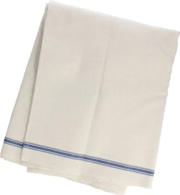 A folded white towel with blue stripes on a white background.