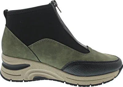 A side view of a green and black high-top sneaker with a zipper.