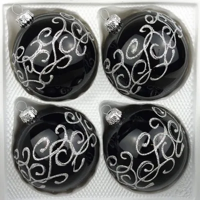 Produktbild von 4 tlg. Glas-Weihnachtskugeln Set 10cm Ø in Hochglanz-Schwarz-Silberne-Ornamente
