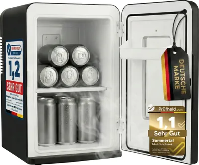 A mini refrigerator with cans of drinks inside, with the door open.