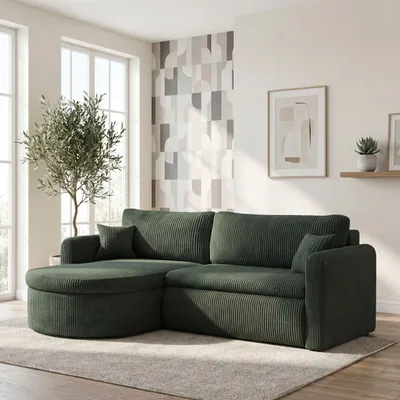 Produktbild von Ecksofa in L-Form mit Schlaffunktion & Stauraum – Universell Montiebar Rechts/Links 4-Sitzer Schlafsofa inkl. 2 Dekokissen und Rückenkissen 250 x 160 x 83 cm – Dunkelgrün Cord Chenille