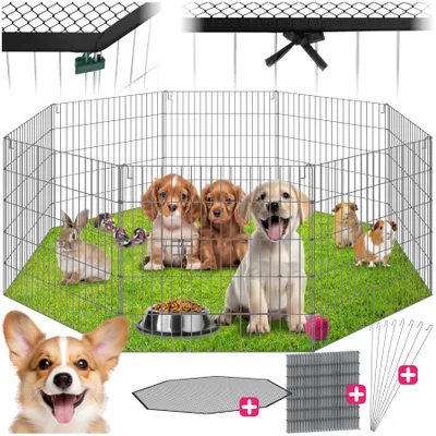 A collage of images showing a pet playpen with puppies, guinea pigs, and a rabbit inside, along with accessories and close-ups of a dog and the playpen's mesh.
