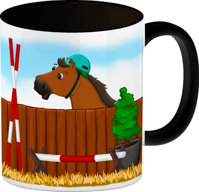 Produktbild von Kaffeebecher Henkel und Innenseite Schwarz mit Springpferd Motiv