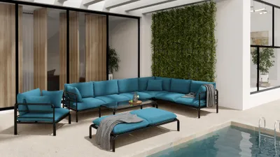Zdjęcie produktu dla Zestaw Wenecja na Taras 9 osobowy metalowy stelaż tkanina Outdoor niebieska