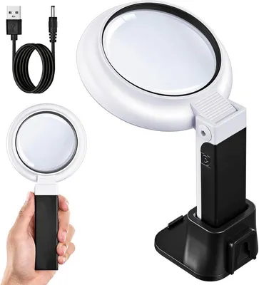 Produktbild von Lupe mit Licht und Ständer, LED Lupenleuchte mit 3 Modi – 18 LEDs, Klappbar & Standfuß – Für Senioren, Lesen, Handwerk & Schmuck