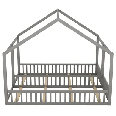 Produktbild von Flieks Kinderbett Hausbett 90x200cm für 2 Kinder, Bodenbett Massivholzbett mit Rausfallschutz und Lattenrost, 2 Einzelbett Doppelbett, Grau