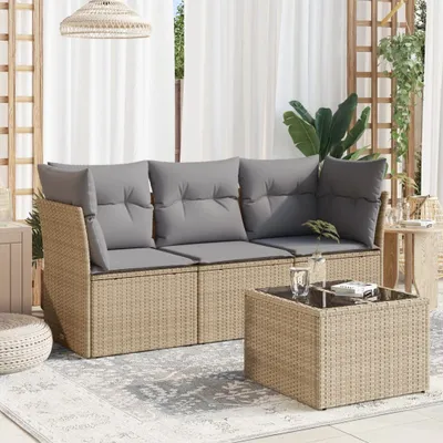 Produktbild von Design 4-tlg. Garten-Sofagarnitur mit Kissen Beige Poly Rattan, Gartenmöbel-Sets 2024 Neu